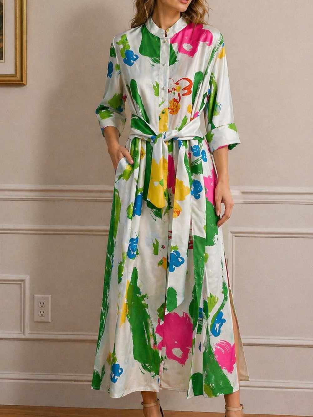 Painterly Floral Maxi Shirt Dress - White with Green, Pink & Yellow